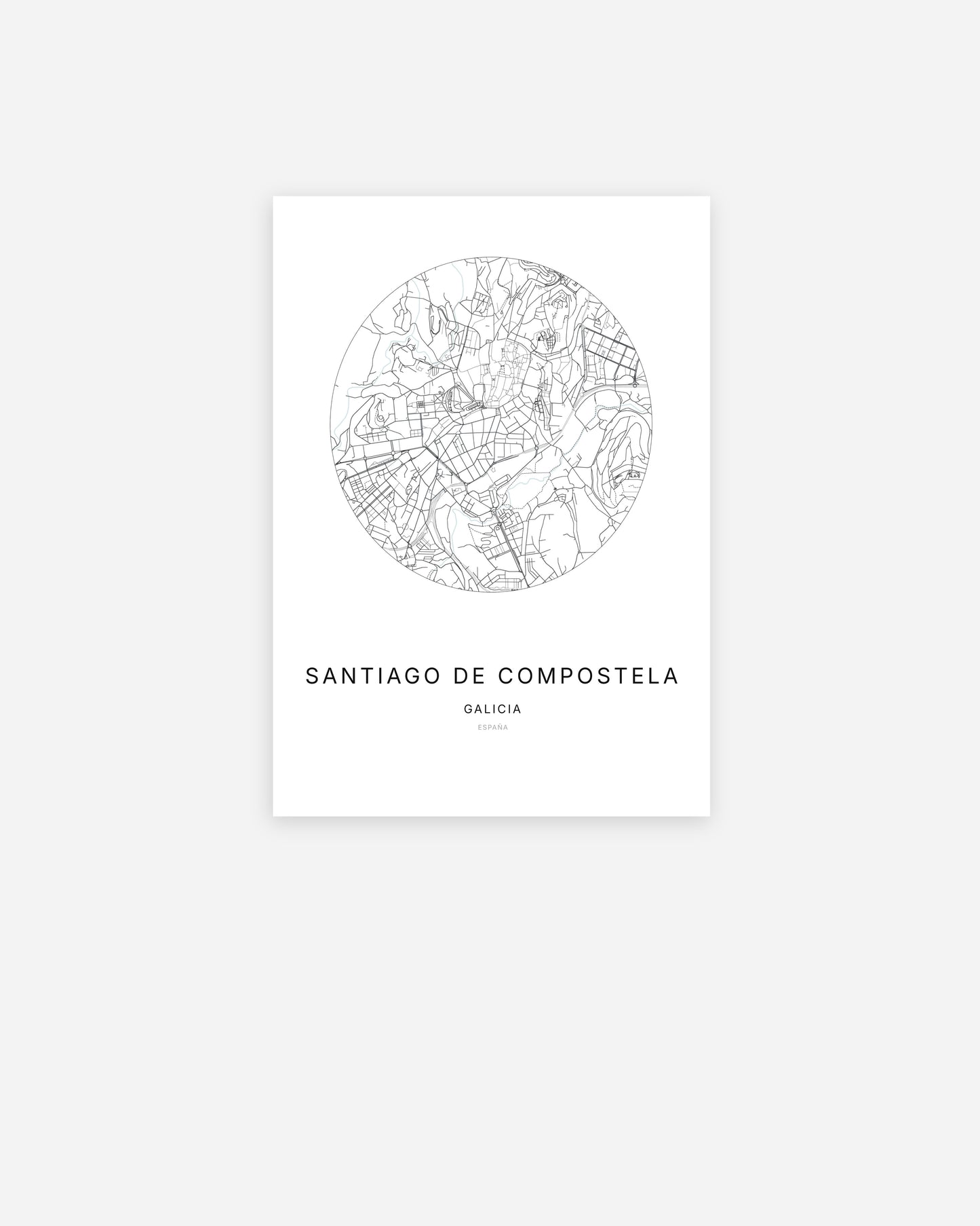 Plan de la ville de Santiago de Compostela au design minimaliste.