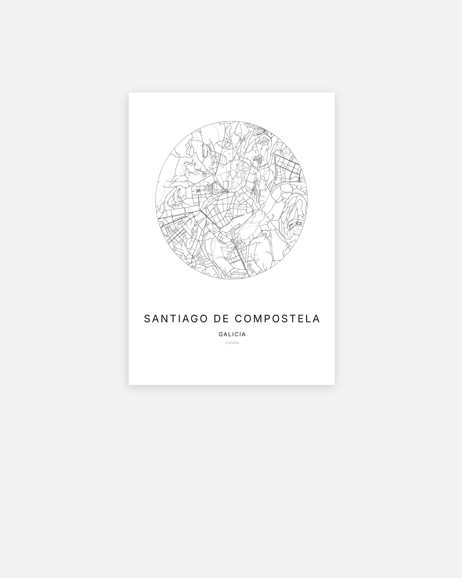 Plan de la ville de Santiago de Compostela au design minimaliste.