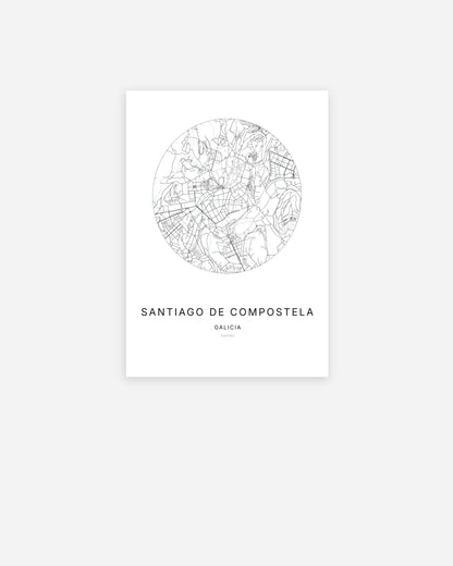 Plan de la ville de Santiago de Compostela au design minimaliste.