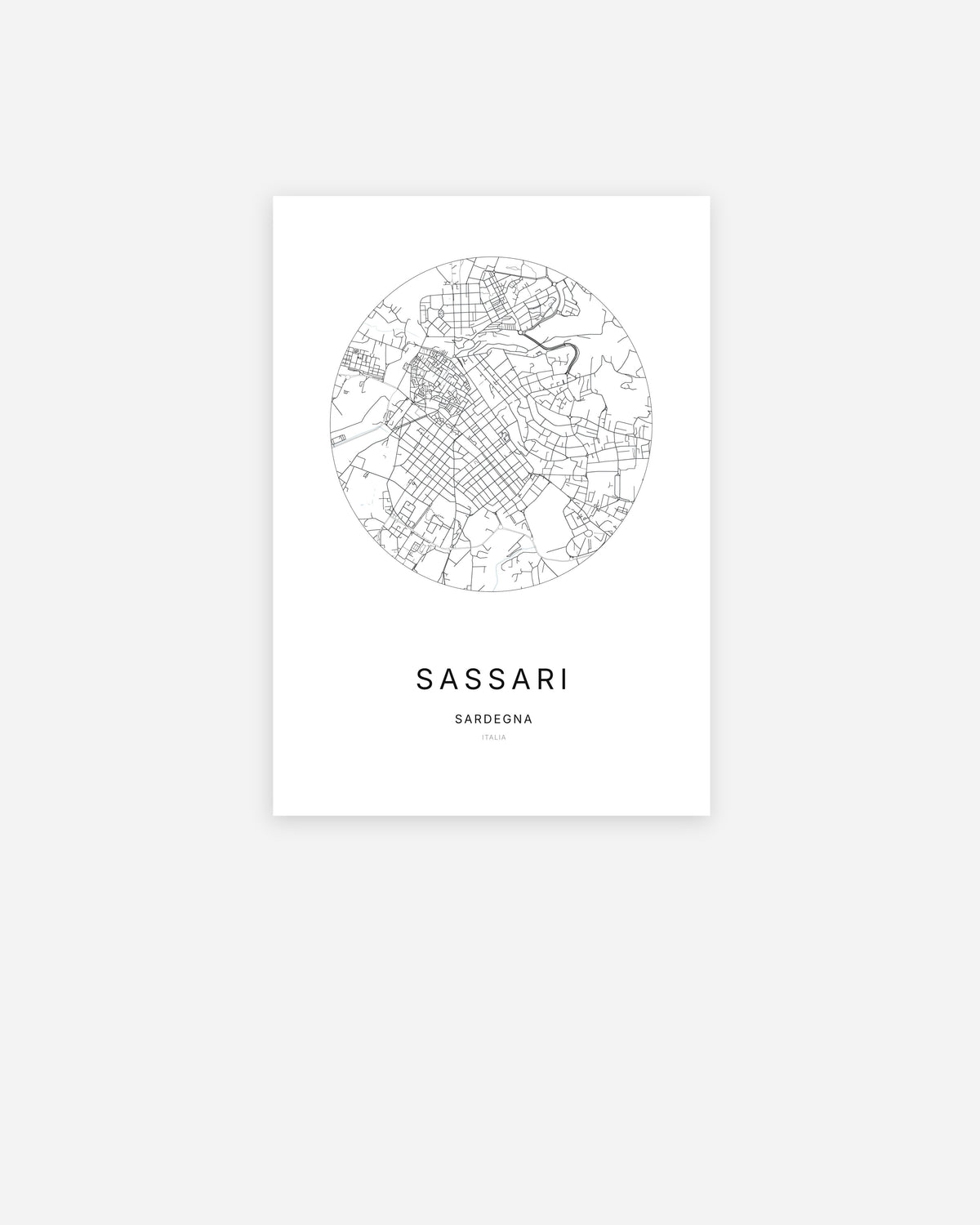 Plan de la ville de Sassari au design minimaliste.