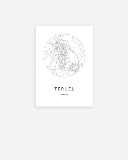 Plan de la ville de Teruel au design minimaliste.