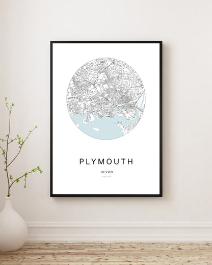 Affiche minimaliste du plan de la ville de Plymouth.