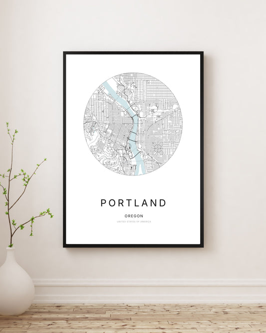 Affiche minimaliste du plan de la ville de Portland.