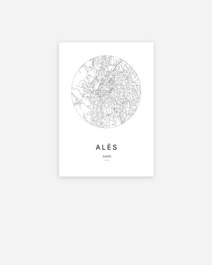 Affiche minimaliste d’Alès représentant le plan de la ville en design épuré.