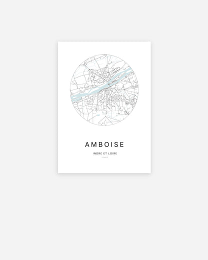 Affiche minimaliste d’Amboise représentant le plan de la ville en design épuré.