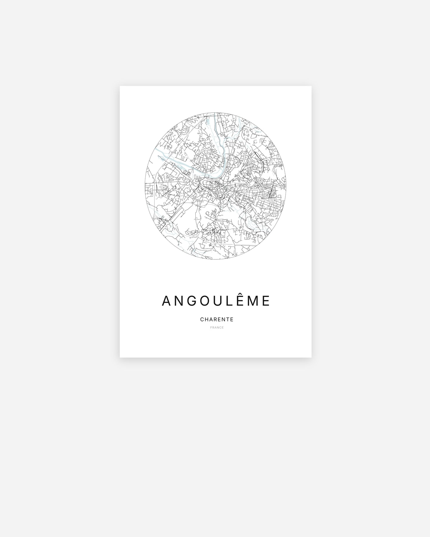 Affiche minimaliste d’Angoulême représentant le plan de la ville en design épuré.