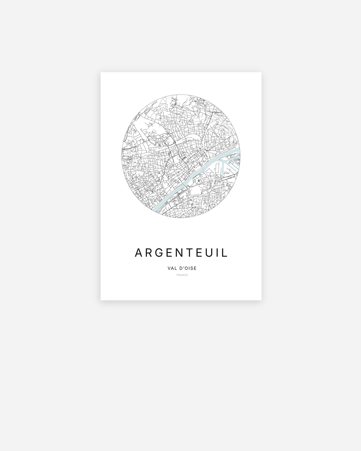 Affiche minimaliste d’Argenteuil représentant le plan de la ville en design épuré.