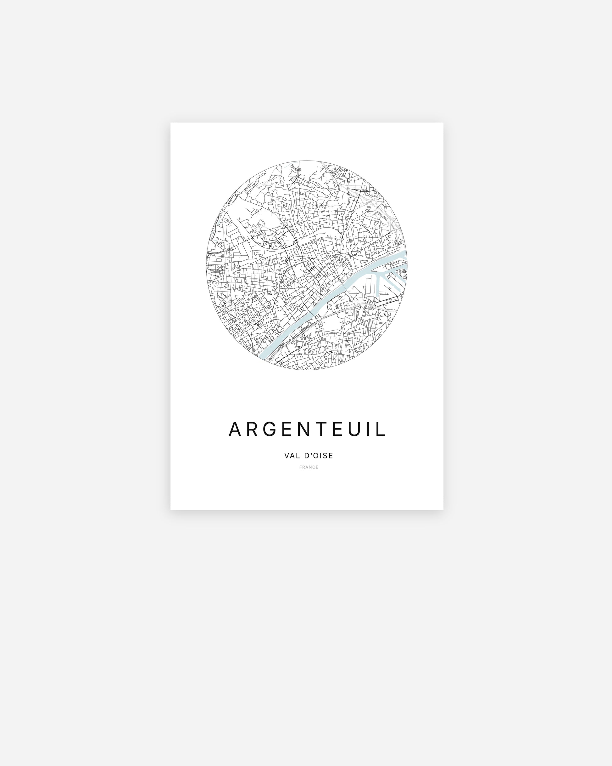 Affiche minimaliste d’Argenteuil représentant le plan de la ville en design épuré.