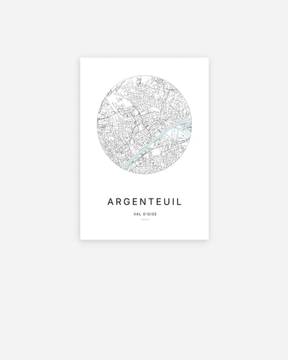 Affiche minimaliste d’Argenteuil représentant le plan de la ville en design épuré.