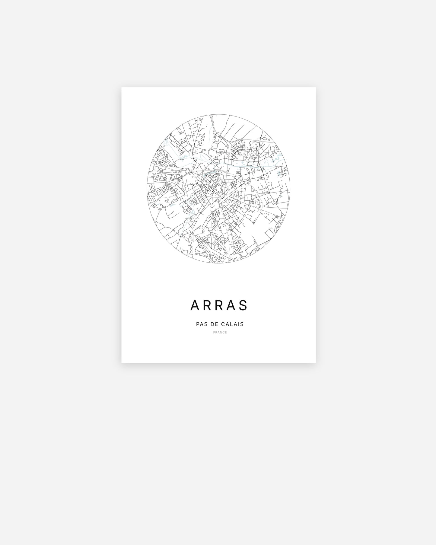 Affiche minimaliste d’Arras représentant le plan de la ville en design épuré.