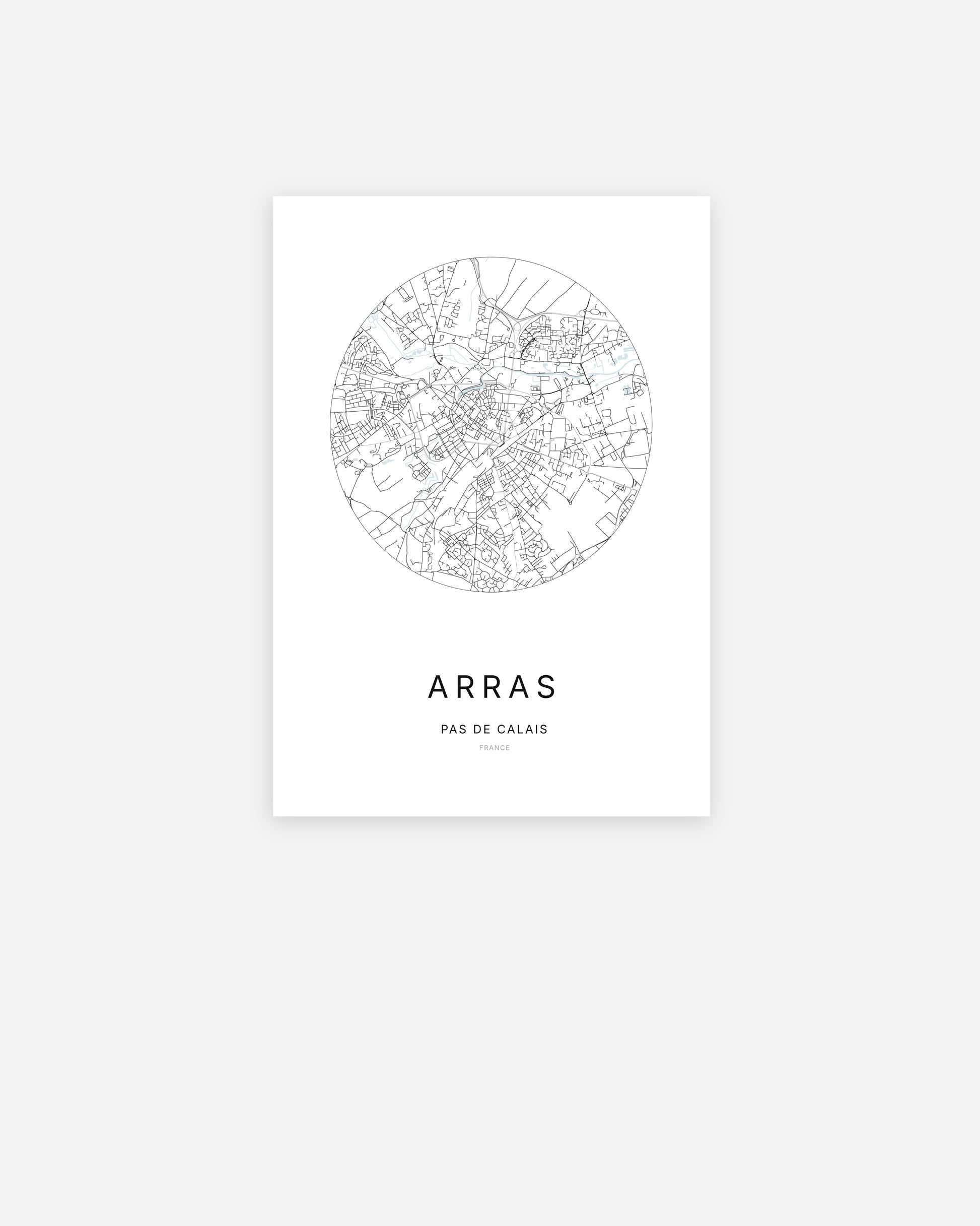 Affiche minimaliste d’Arras représentant le plan de la ville en design épuré.