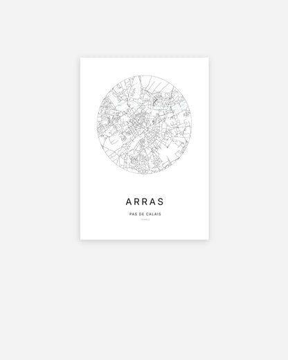 Affiche minimaliste d’Arras représentant le plan de la ville en design épuré.