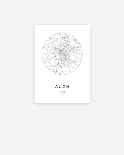 Affiche minimaliste d’Auch représentant le plan de la ville en design épuré.