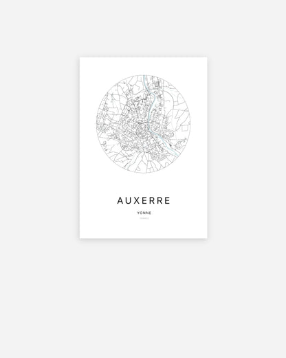 Affiche minimaliste de Auxerre représentant le plan de la ville en design épuré.