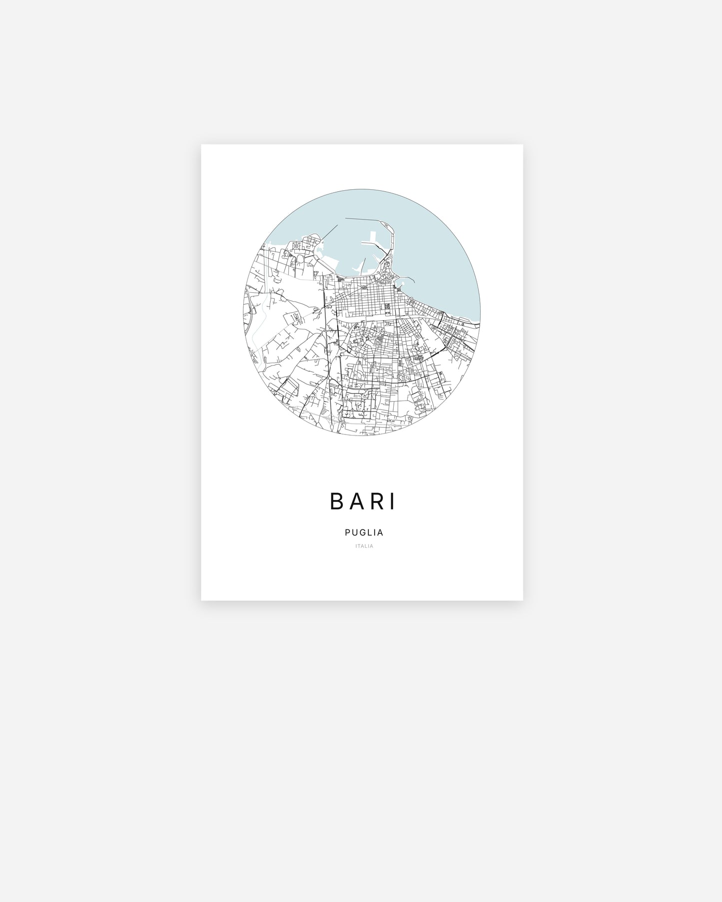 Affiche minimaliste de Bari représentant le plan de la ville en design épuré.