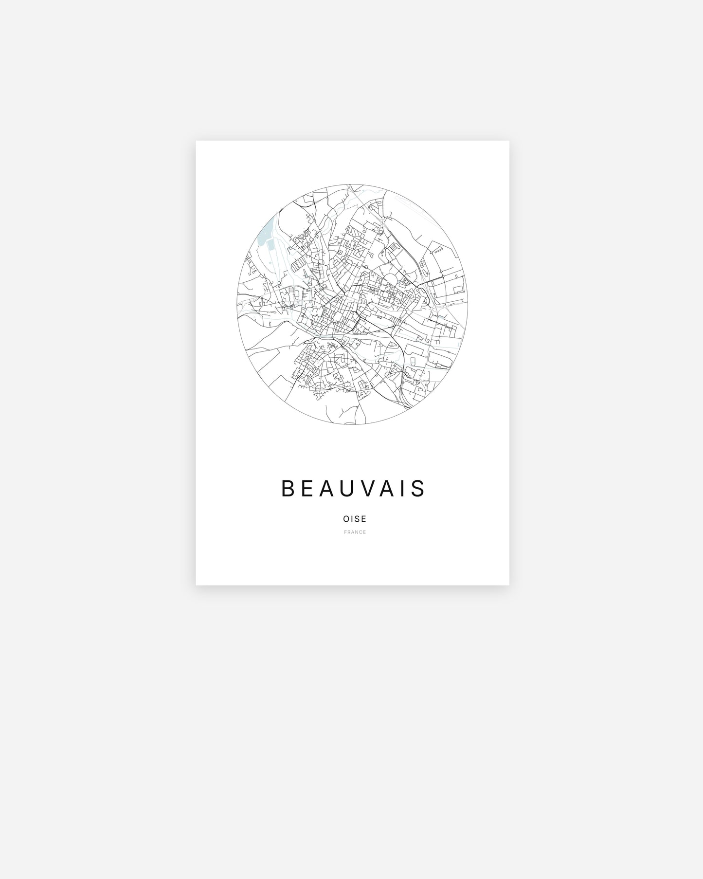 Affiche minimaliste de Beauvais représentant le plan de la ville en design épuré.