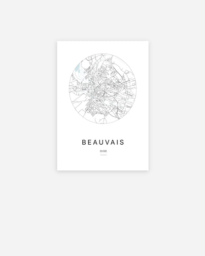 Affiche minimaliste de Beauvais représentant le plan de la ville en design épuré.