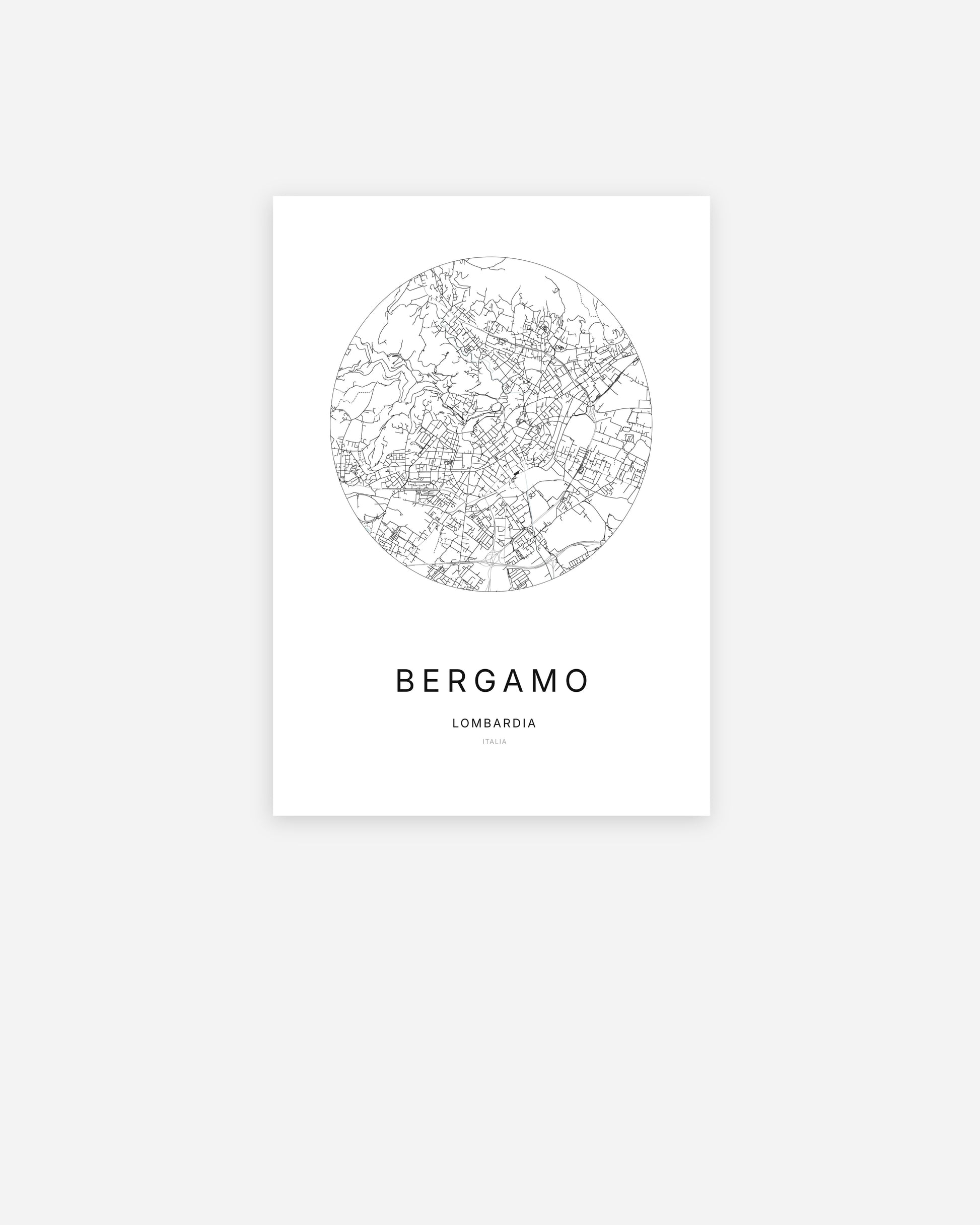 Affiche minimaliste de Bergamo représentant le plan de la ville en design épuré.