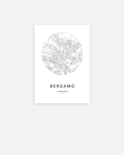 Affiche minimaliste de Bergamo représentant le plan de la ville en design épuré.