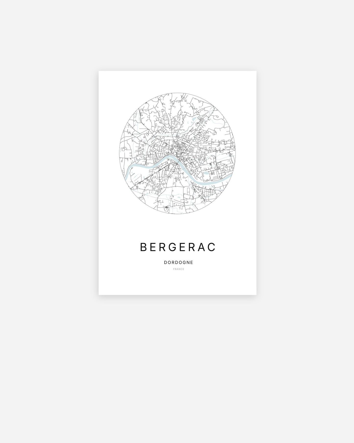 Affiche minimaliste de Bergerac représentant le plan de la ville en design épuré.