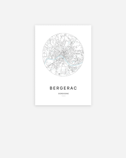 Affiche minimaliste de Bergerac représentant le plan de la ville en design épuré.