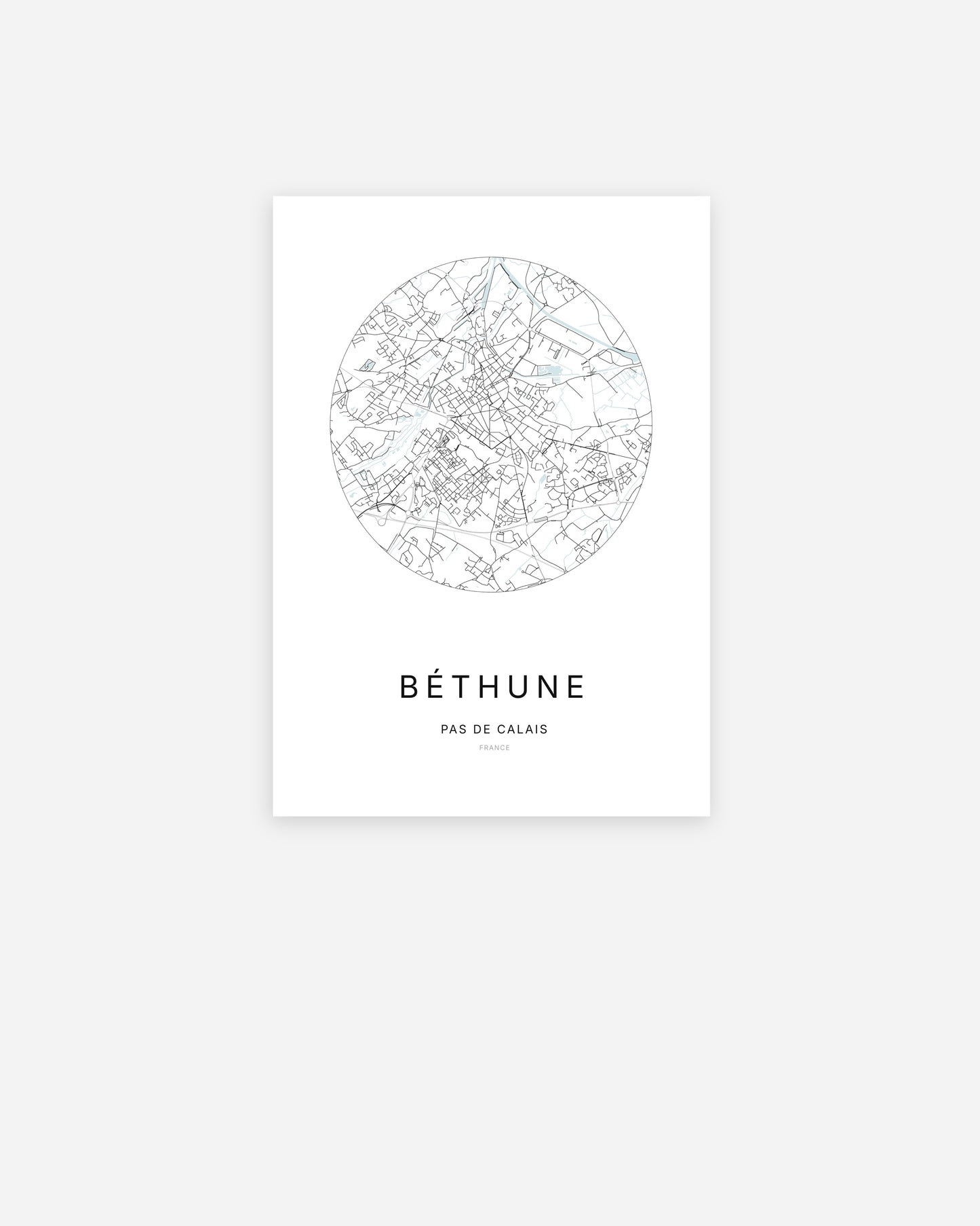 Affiche minimaliste de Béthune représentant le plan de la ville en design épuré.