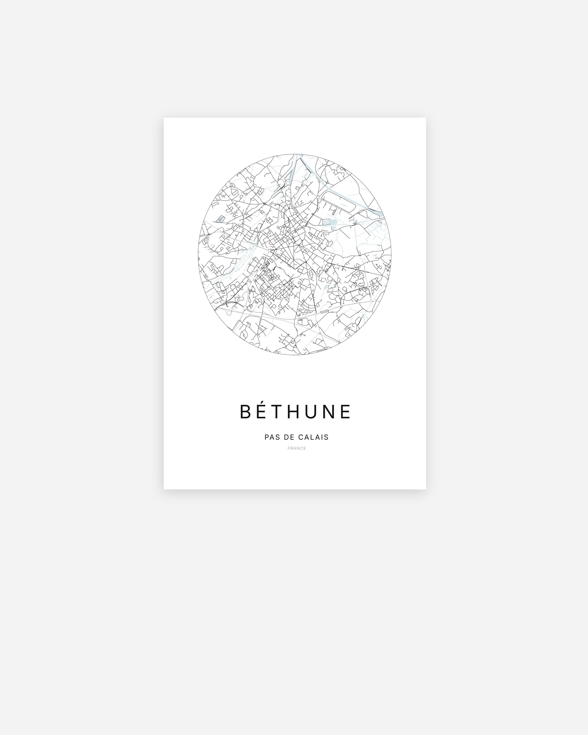 Affiche minimaliste de Béthune représentant le plan de la ville en design épuré.