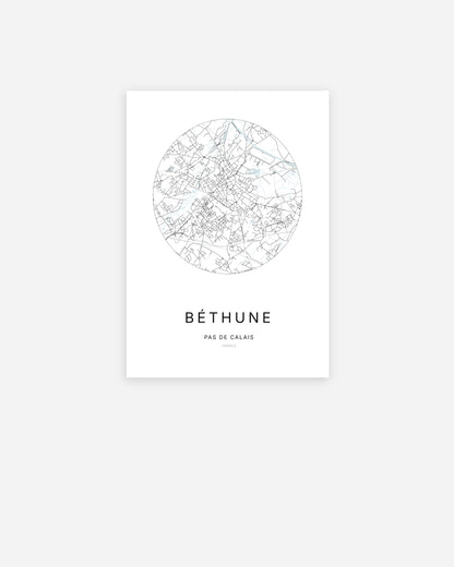 Affiche minimaliste de Béthune représentant le plan de la ville en design épuré.