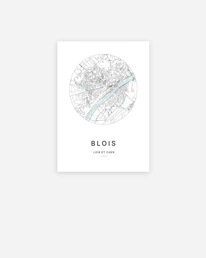 Affiche minimaliste de Blois représentant le plan de la ville en design épuré.