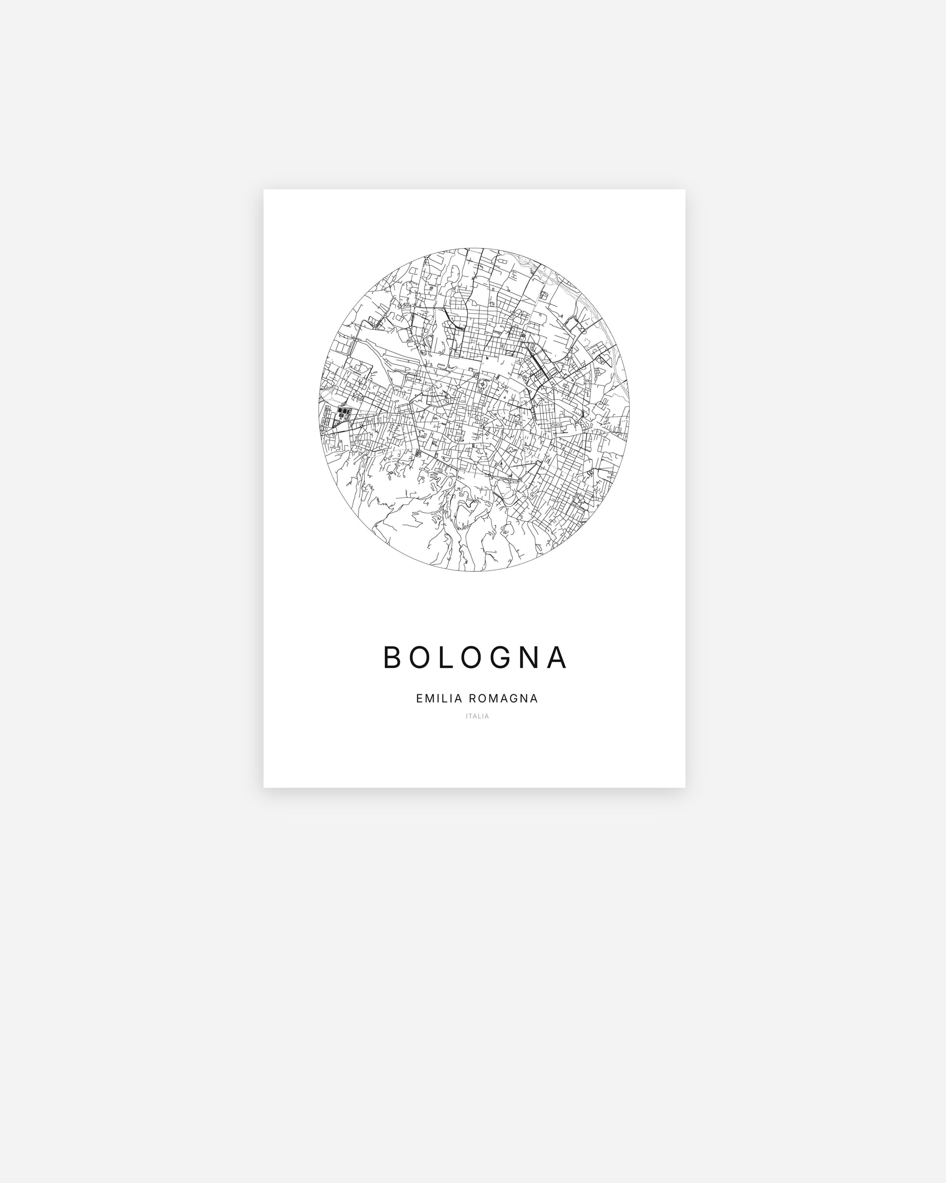 Affiche minimaliste de Bologna représentant le plan de la ville en design épuré.
