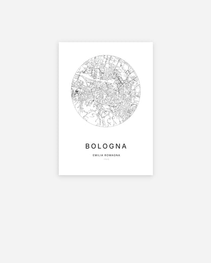 Affiche minimaliste de Bologna représentant le plan de la ville en design épuré.