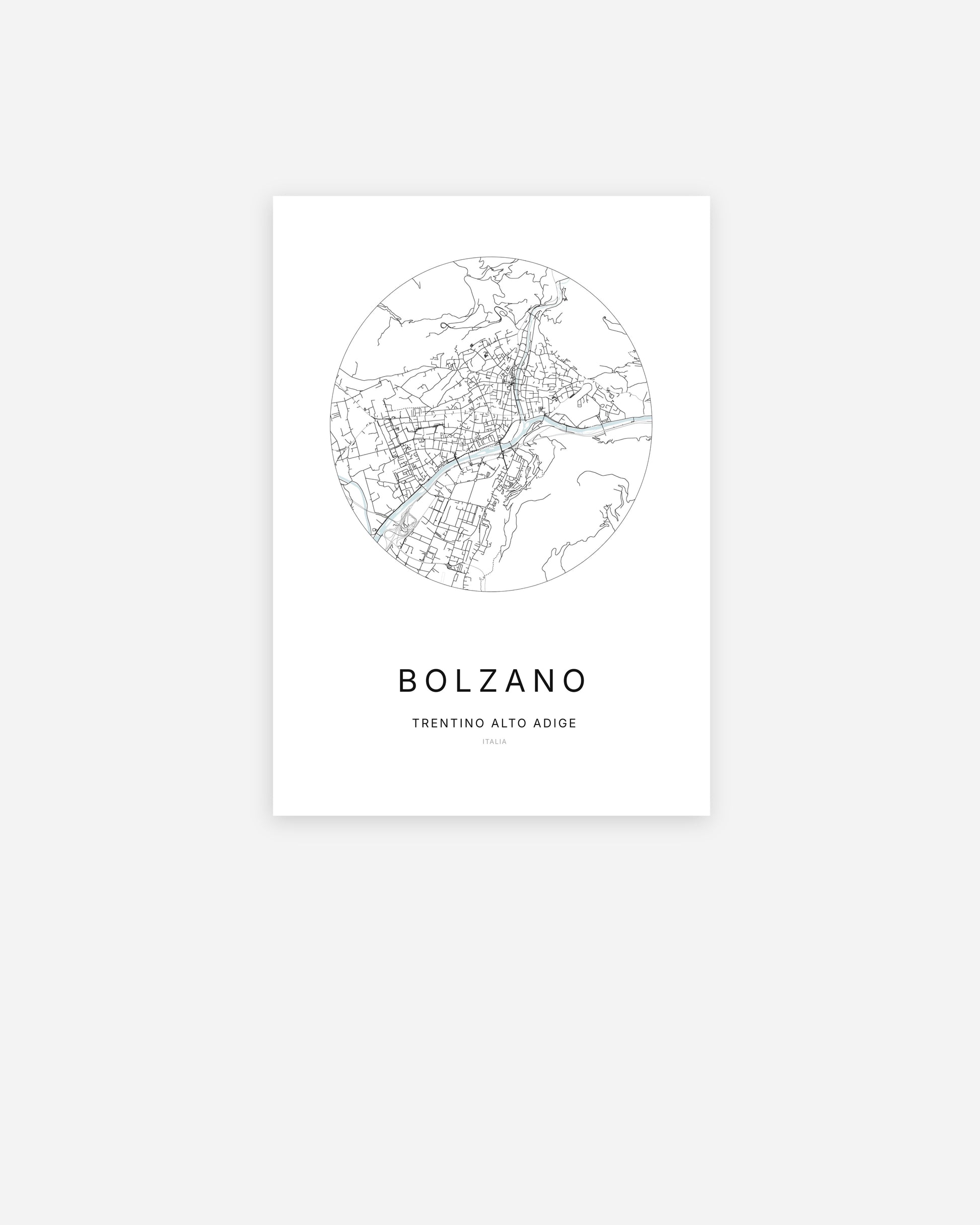Affiche minimaliste de Bolzano représentant le plan de la ville en design épuré.