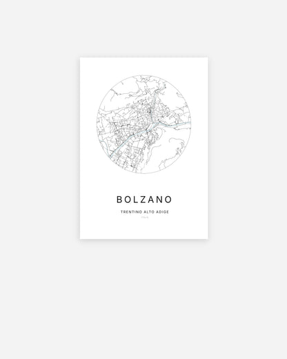 Affiche minimaliste de Bolzano représentant le plan de la ville en design épuré.