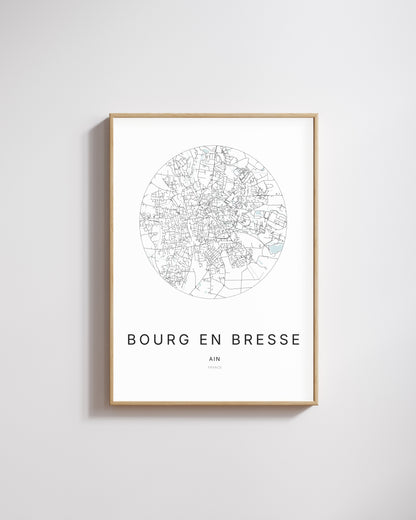 Poster représentant le plan de la ville de Bourg-en-Bresse.