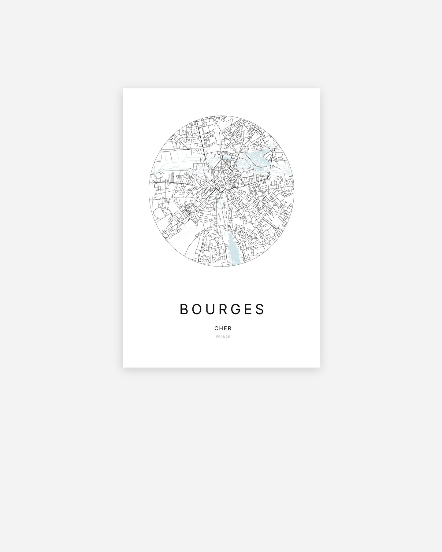 Affiche minimaliste de Bourges représentant le plan de la ville en design épuré.