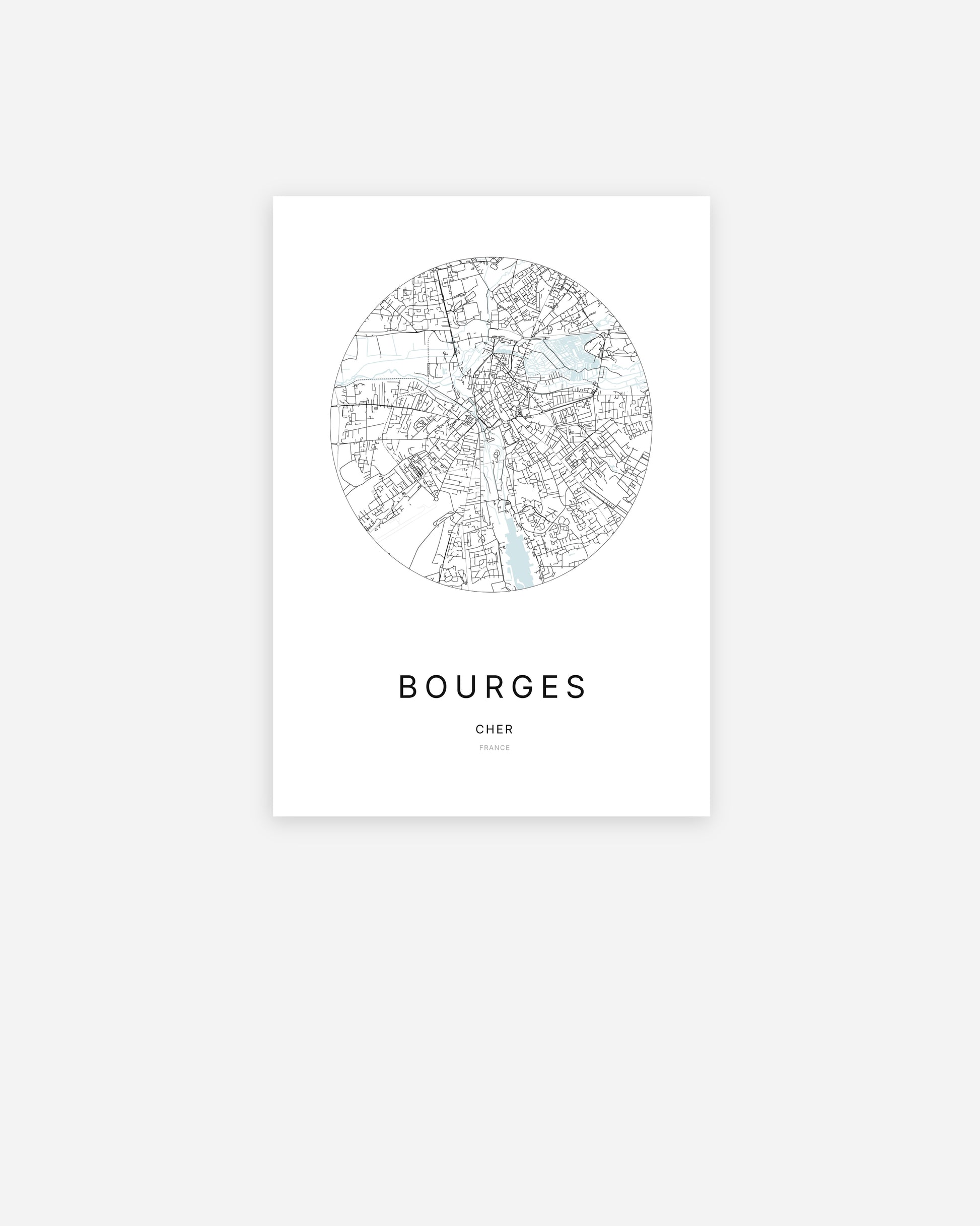 Affiche minimaliste de Bourges représentant le plan de la ville en design épuré.
