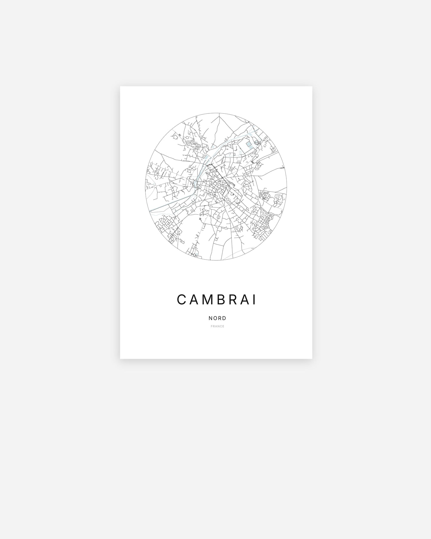 Affiche minimaliste de Cambrai représentant le plan de la ville en design épuré.