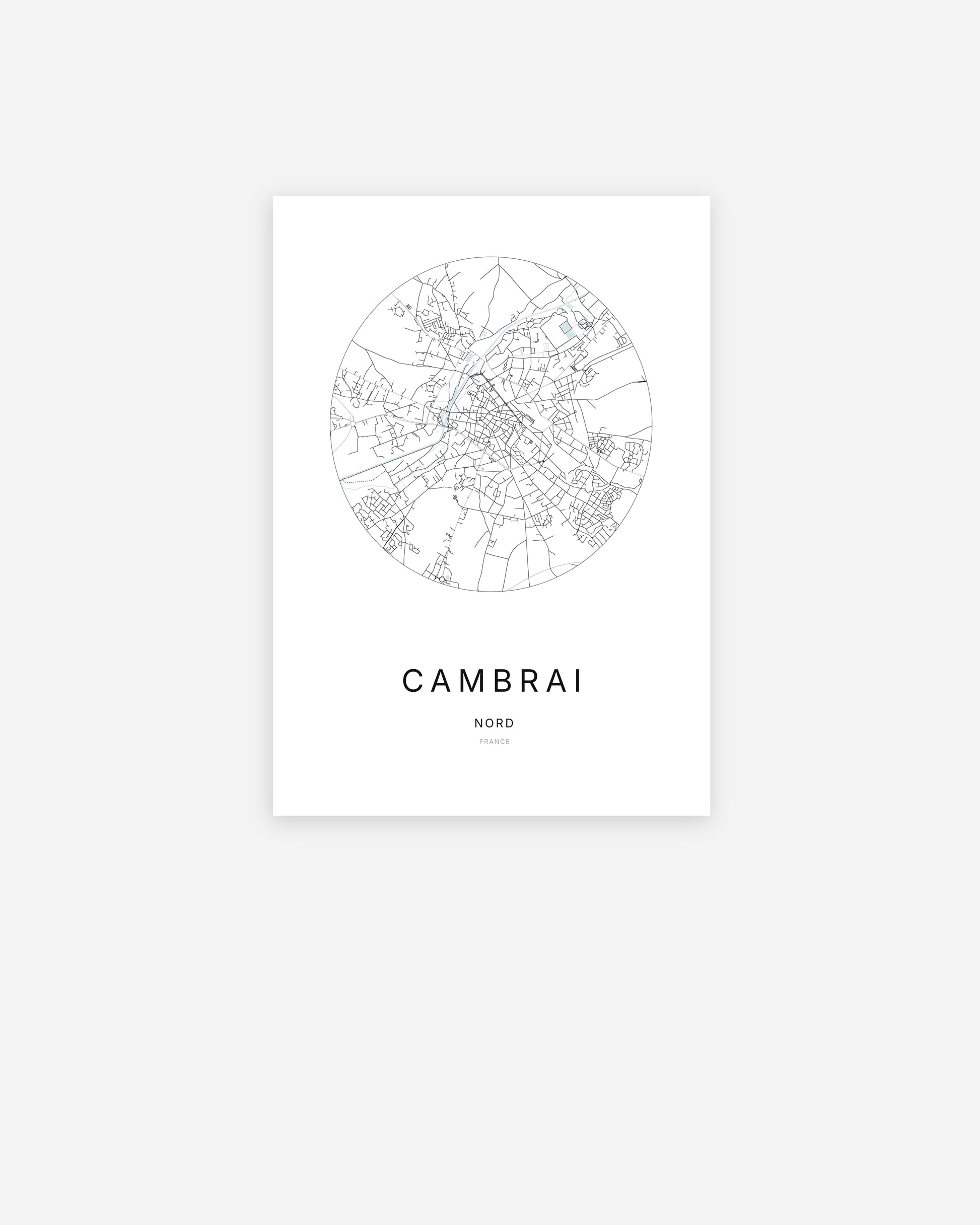 Affiche minimaliste de Cambrai représentant le plan de la ville en design épuré.