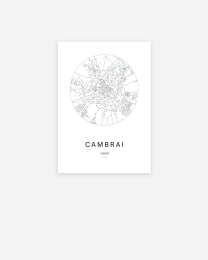 Affiche minimaliste de Cambrai représentant le plan de la ville en design épuré.