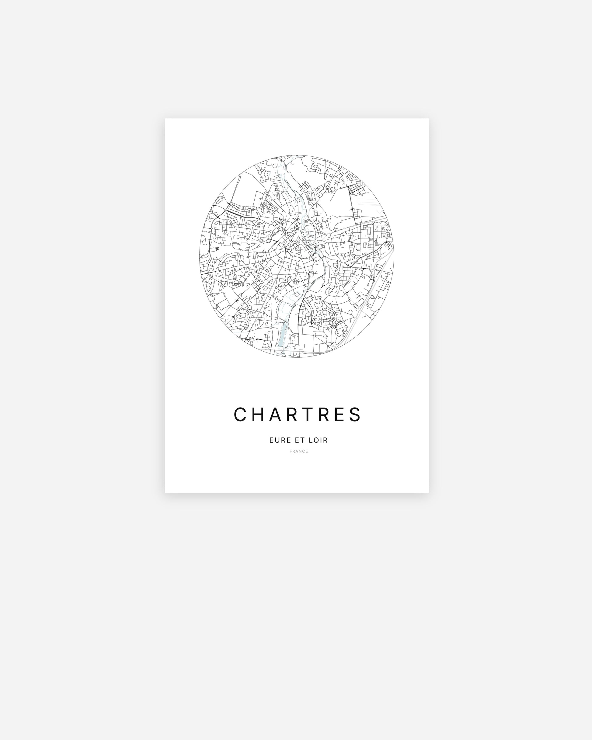 Affiche minimaliste de Chartres représentant le plan de la ville en design épuré. 