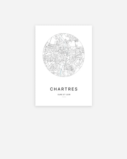 Affiche minimaliste de Chartres représentant le plan de la ville en design épuré. 