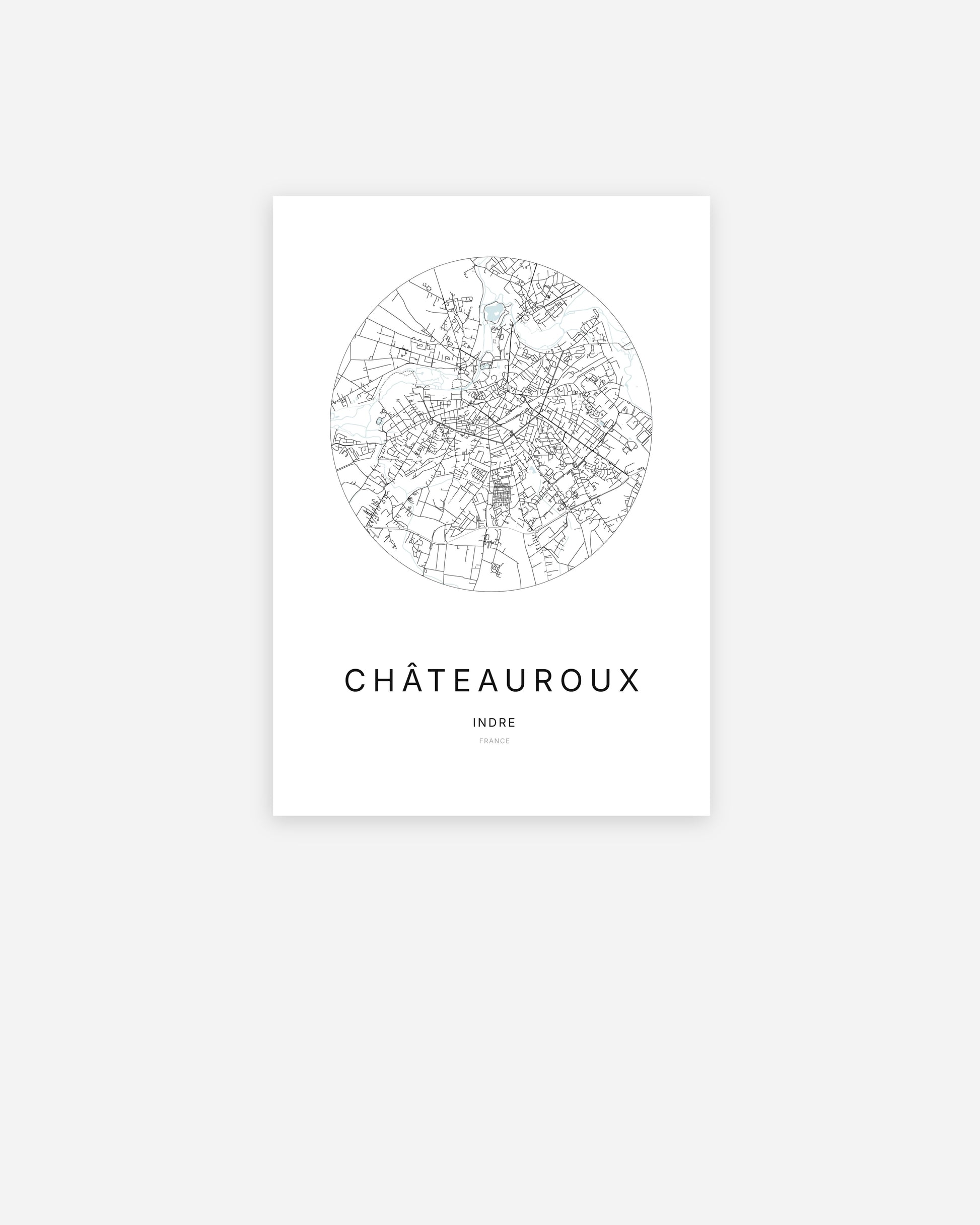 Affiche minimaliste de Châteauroux représentant le plan de la ville en design épuré.