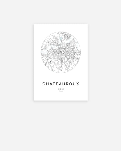 Affiche minimaliste de Châteauroux représentant le plan de la ville en design épuré.