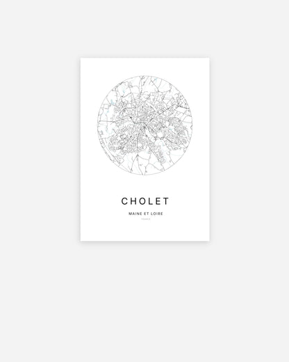 Affiche minimaliste de Cholet représentant le plan de la ville en design épuré.