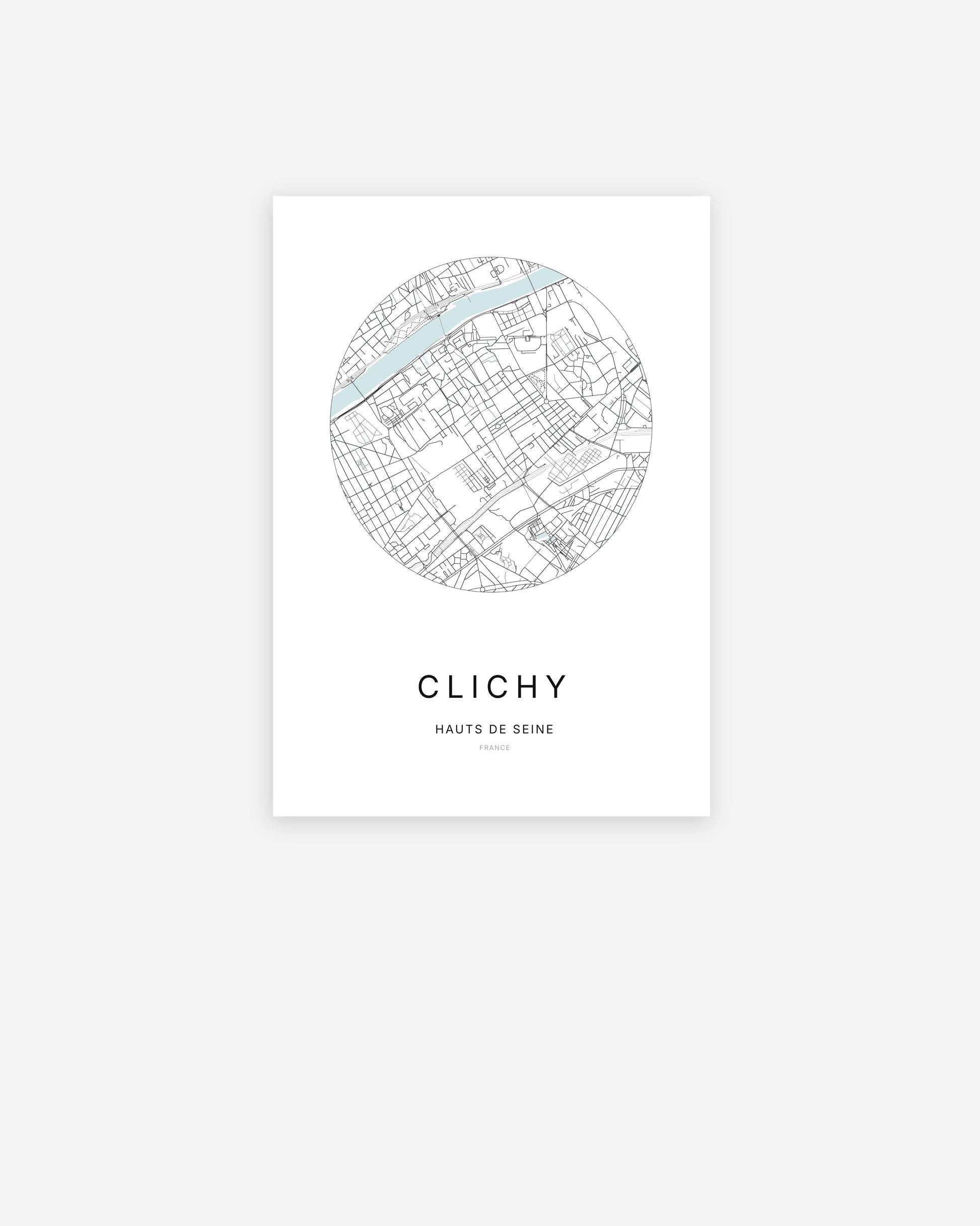 Affiche minimaliste de Clichy représentant le plan de la ville en design épuré
