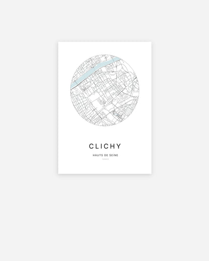 Affiche minimaliste de Clichy représentant le plan de la ville en design épuré