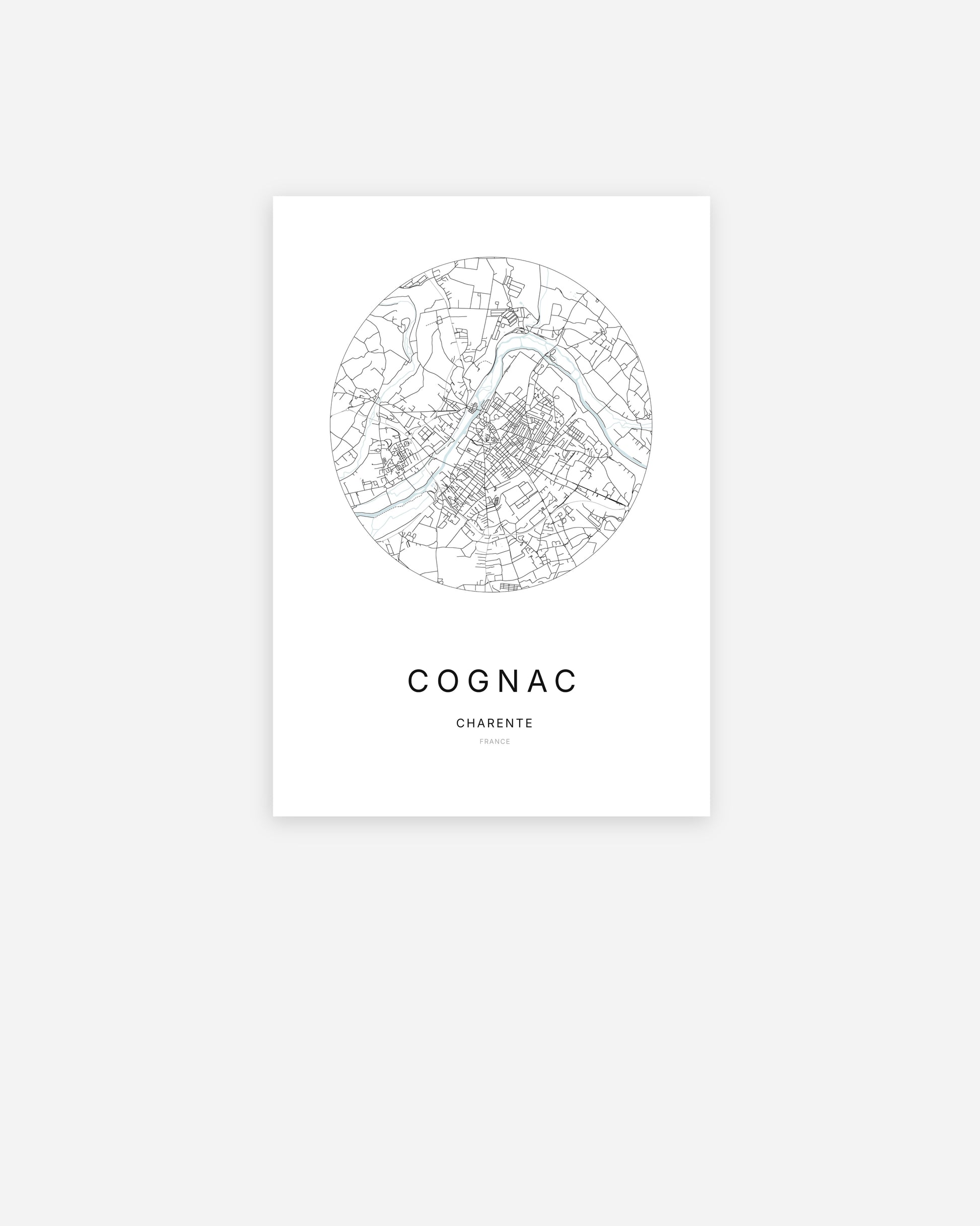 Affiche minimaliste de Cognac représentant le plan de la ville en design épuré.