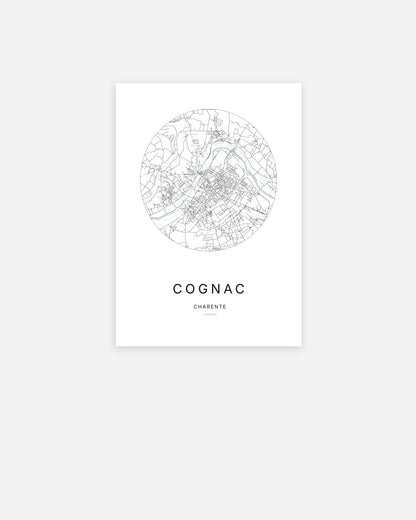 Affiche minimaliste de Cognac représentant le plan de la ville en design épuré.