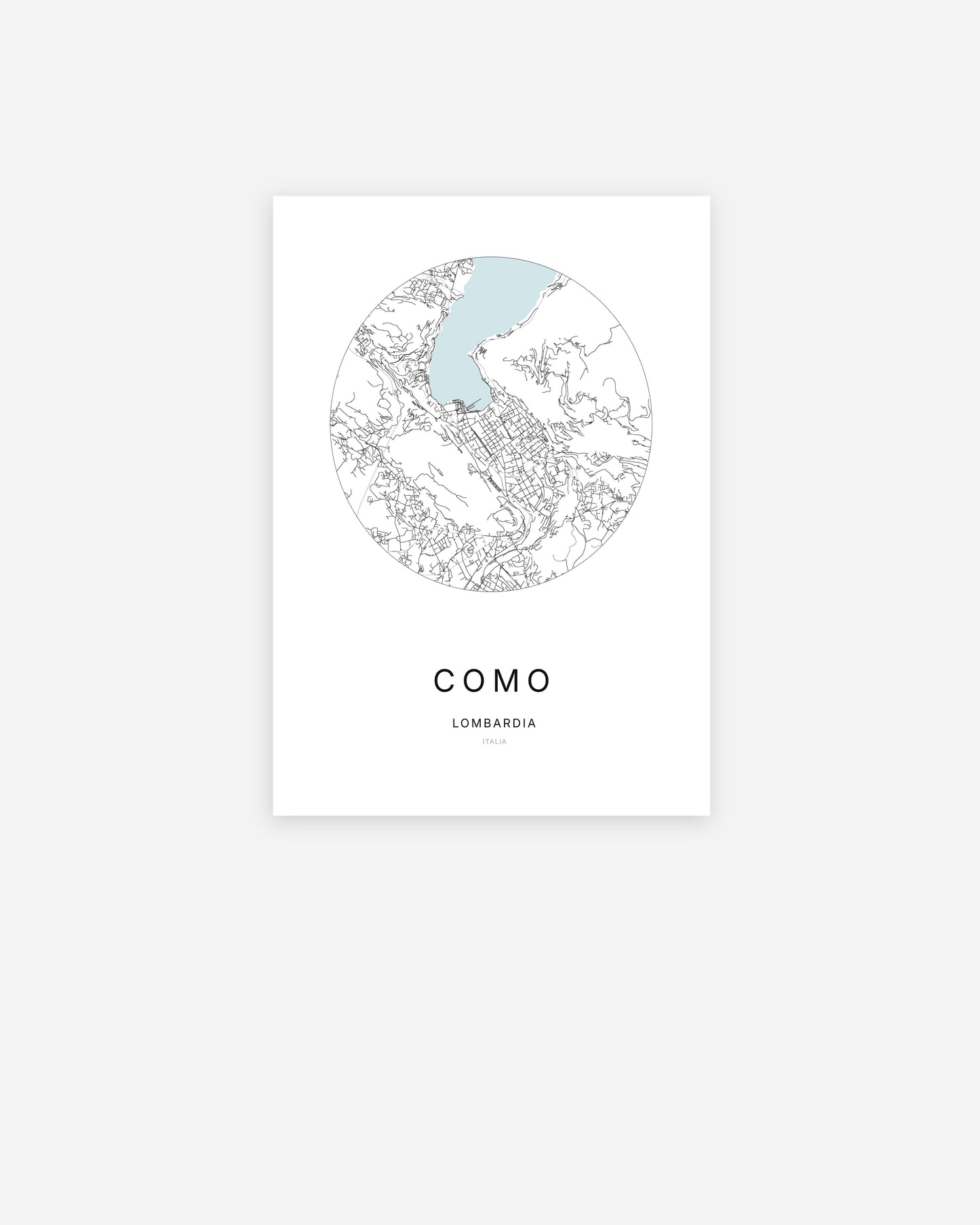 Affiche minimaliste de Como représentant le plan de la ville en design épuré.