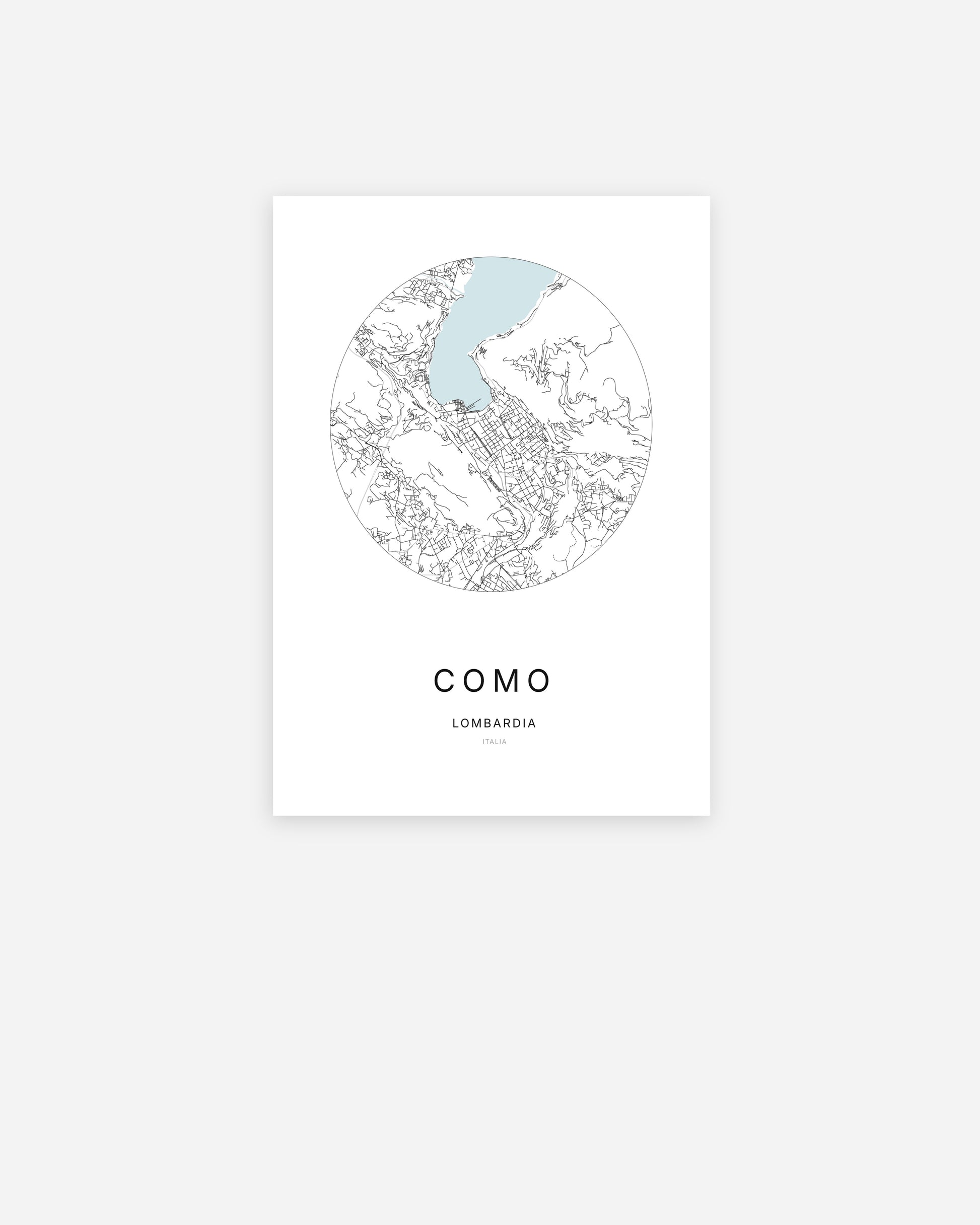 Affiche minimaliste de Como représentant le plan de la ville en design épuré.